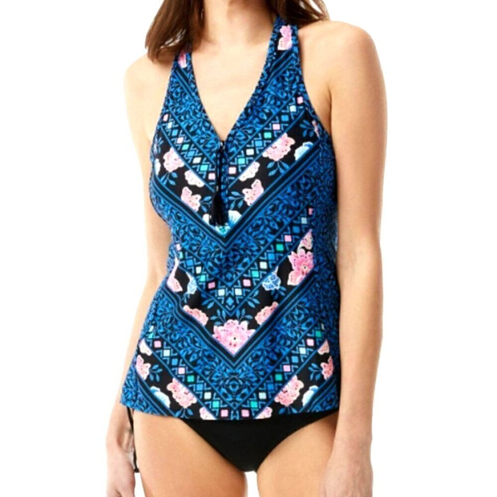 Beach House Swim Tankini Top Blue Pink Floral Zip Front Racerback Size 6